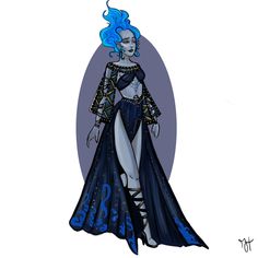 a drawing of a woman with blue hair