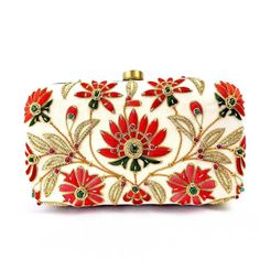 Ivory velvet box clutch minaudiere embroidered with red silk flowers and embellished with emeralds, rear view, chain strap. Fancy Clutch, Embellished Purses, Colorful Inspiration, Purple Clutch, Red Lotus, Embroidered Handbag, Embellished Clutch, Velvet Clutch, Embroidered Clutch