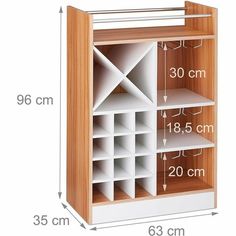 the measurements for an open bookcase are shown in white and wood, with three shelves on each side