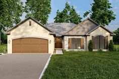 this is a computer rendering of the front of a house with garages and landscaping