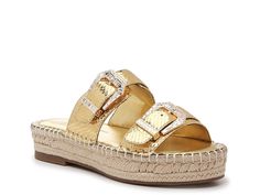 Saw this at DSW! Gold Synthetic Slides For Beach, Casual Gold Slides For Vacation, Gold Synthetic Slides For Vacation, Gold Round Toe Slides For Spring, Casual Gold Synthetic Slides, Gold Flat Slides For Summer, Gold Casual Slip-on Slides, Gold Open Toe Slides For Summer Beach, Gold Round Toe Slides For Beach