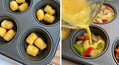 two pictures side by side one has tater tots and the other has vegetables in it