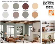 Pre-Packaged CRAFTSMAN House Interior & Exterior Paint Colors - Behr Paint at The Home Depot Take the guesswork out of paint colors with a pre-packaged interior paint palette from a professional interior designer. With over 25 years of in house and online interior design expertise, my color palettes have been carefully curated over time while including current paint color trends. This listing is for a pre-packaged paint color palette showcasing 8 Behr Interior Paint Colors that are complementary to each other. Also included is an Exterior Photo and palette for this CRAFTSMAN scheme. A paint sheen reference chart is included for easy reference!  PDF File | 13 pages The color scheme shown in the listing is the palette you will receive but with the paint color details (name and color number) Craftsman House Interior, Farmhouse Color Palette, Interior Paint Palettes, Modern Paint Colors, Behr Colors, Behr Paint Colors, Trending Paint Colors, Farmhouse Paint Colors, Traditional Paint