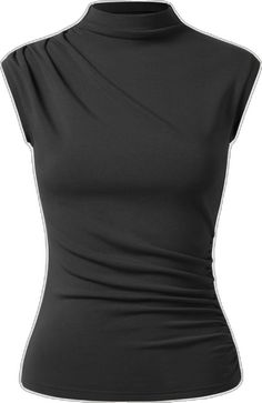 Elegant Ruched Tops For Layering, Chic High Neck Ruched Tops, Chic Ruched High Neck Tops, Asymmetrical Ruched Fitted Top, Ruched Fitted Asymmetrical Top, Fitted Asymmetrical Ruched Top, Elegant Stretch Tops With Asymmetrical Hem, Elegant Ruched Foldover Top, Elegant Stretch Top With Asymmetrical Hem