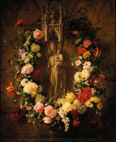 an image of a painting with flowers in the middle and a statue on the side