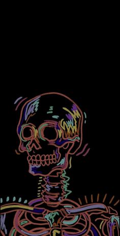 a drawing of a skeleton with colorful lines on it's face and neck, in front of a black background