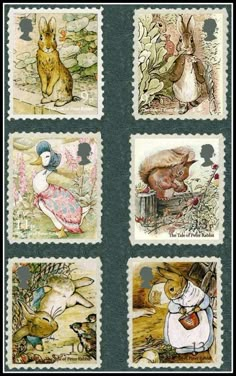 four stamps with pictures of rabbits and other animals on them, all in different colors