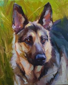 a painting of a german shepherd dog in the grass looking at the camera with an intense look