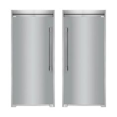 two stainless steel refrigerators side by side on a white background with one door open and the other closed