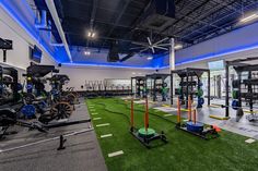 an indoor gym with artificial turf and equipment