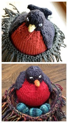 two knitted birds sitting on top of each other in the same pattern and color