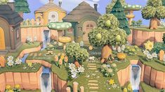 an image of a cartoon town with lots of trees and flowers on the hillsides