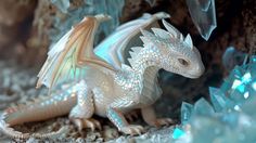 a white dragon figurine sitting on top of a pile of crystal rocks and stones