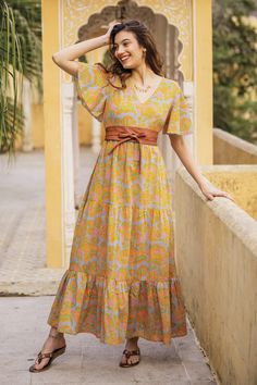 Flutter Sleeve Chartreuse and Cerulean Cotton Maxi Dress - Spring Symphony | NOVICA Maxi Dress Spring, Spring Maxi Dress, Cotton Maxi Dress, Empire Waistline, Orange And Pink, Dress Spring, Cotton Maxi, Maxi Dress Cotton, Feather Light