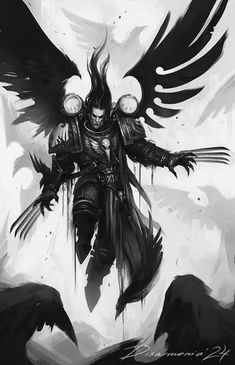 a black and white drawing of a demon with wings on his head, standing in front of