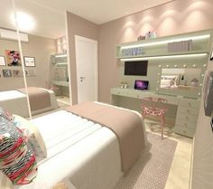 a bedroom with two beds and a desk in the middle is decorated in pastel colors