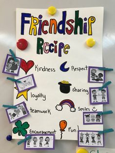 a sign that says,'friendship recipe'with pictures of people around it