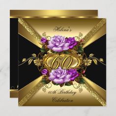 60th birthday card with purple roses on black and gold foiled paper, featuring the number sixty