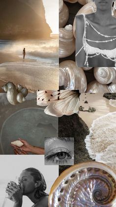 a collage of photos with shells and people on the beach, including a woman's face