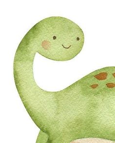 a watercolor drawing of a green dinosaur with brown spots on its face and tail