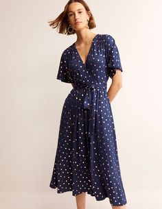 Kimono Wrap Jersey Midi Dress - Navy, Scattered Foil Spot | Boden UK Midi Dress Navy, Kinds Of Clothes, Blue Midi Dress