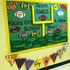 a bulletin board is decorated with footballs and other sports related items for the school's new year celebration