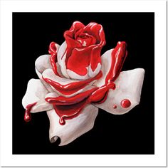 a painting of a rose with red and white swirls on it's petals