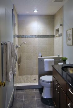 a bathroom with a walk in shower next to a toilet