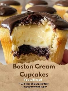 there is a cupcake with chocolate frosting on it and the words boston cream cupcakes you'll need