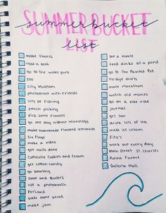 a summer bucket list is shown on a spiral notebook