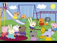 peppa pig and friends playing in the park with other peppo pigs on a swing set