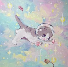 a painting of a cat floating in the sky with a fish bowl on its back