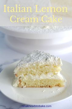 a piece of cake on a plate with the words italian lemon cream cake above it