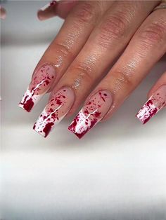 Halloween Style 24pcs Long Coffin-Shaped Glossy False Nails Set With Blood Plasma Design Classic French Tip Pattern Nail Supplies And DIY Halloween Themed Fake Nails Includes 1 Nail File And 1 Double-Sided Tape Perfect For Women And Girls Nail Art To Decorate Their Nails During Festivals Multicolor      Color Nails   Nail,Hand & Foot Care, size features are:Bust: ,Length: ,Sleeve Length: Blood Splatter Nails French Tip, Medium Length Nail Ideas Halloween, French Tip Blood Nails, Simple Halloween French Tip Nails, Fake Nails Halloween, Simple Blood Nails, Blood Splatter French Tip Nails, Horror Inspired Nails, Red Nails For Halloween