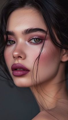 Wet Look Eye Makeup, Strong Features Makeup, Makeup With Pink Lipstick, Dark Pink Makeup Looks, Mauve Makeup Look Dusty Rose, Bold Pink Makeup, Dark Pink Makeup, Cool Toned Makeup Looks, Intimidating Makeup