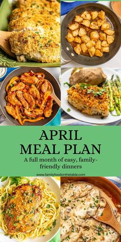 the meal plan for an appetizing meal with chicken, pasta and other foods