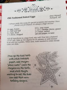 an old fashioned baked egg recipe is shown in the book's page, with instructions to make it