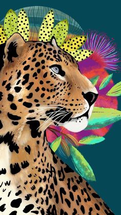 a drawing of a leopard with flowers on its head and feathers around it's neck