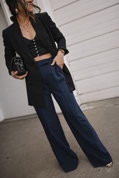 Navy Blue Blazer Street Style, Navy Satin Pants Outfit, Black And Dark Blue Outfit, Navy Black Outfit, Dark Blue And Black Outfit, Dark Blue Trousers Outfit, Navy Blue And Black Outfits, Dark Blue Pants Outfit, Black And Navy Outfit