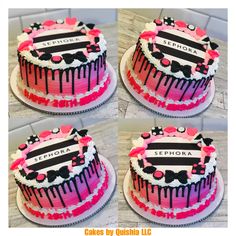 three cakes decorated with pink, black and white icing