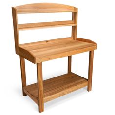 a wooden desk with two shelves on each side and one shelf below the desk, against a white background