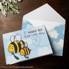 two greeting cards, one with a bee on it and the other with a message