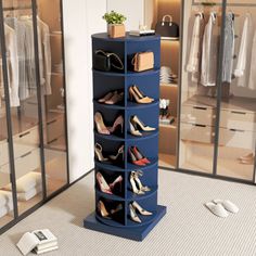 a tall blue shoe rack filled with lots of shoes