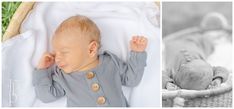 a baby laying down in a basket next to an image of a sleeping baby with his hands on his head