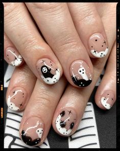 Short Nails - Black and White Nails Studio Ghibli Nail Designs, Soot Sprite Nails Acrylic, Nail Designs Studio Ghibli, Soot Sprite Nails, Short Nail Designs Studio Ghibli, Pikachu Nails, Black Halloween Nails, Halloween Nails Easy, Nail Art Photos