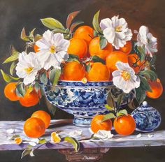 a painting of oranges in a blue and white bowl with flowers on the table