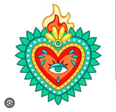 a heart with an evil eye on it and flames coming out of the center, surrounded by leaves