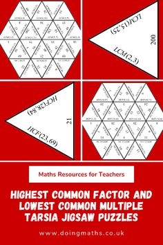 four different triangles with the words'highest common factor and lowest common multiple - sided tarsia