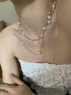 Material: Mixed Material Color: Silver Double-Layer Pearl Necklace Fashion Element: Round Style: Elegant Silver Necklace Sets, Debs Poster, Silver Jewelry Elegant, Perl Neckles, Necklace Layering Silver, Silver Necklaces Layered, Chain And Pearl Necklace, Pearl And Silver Necklace, Pearl Necklace Aesthetic