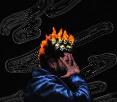 a man with fire on his head in the middle of an artistic photo, holding his hands to his face